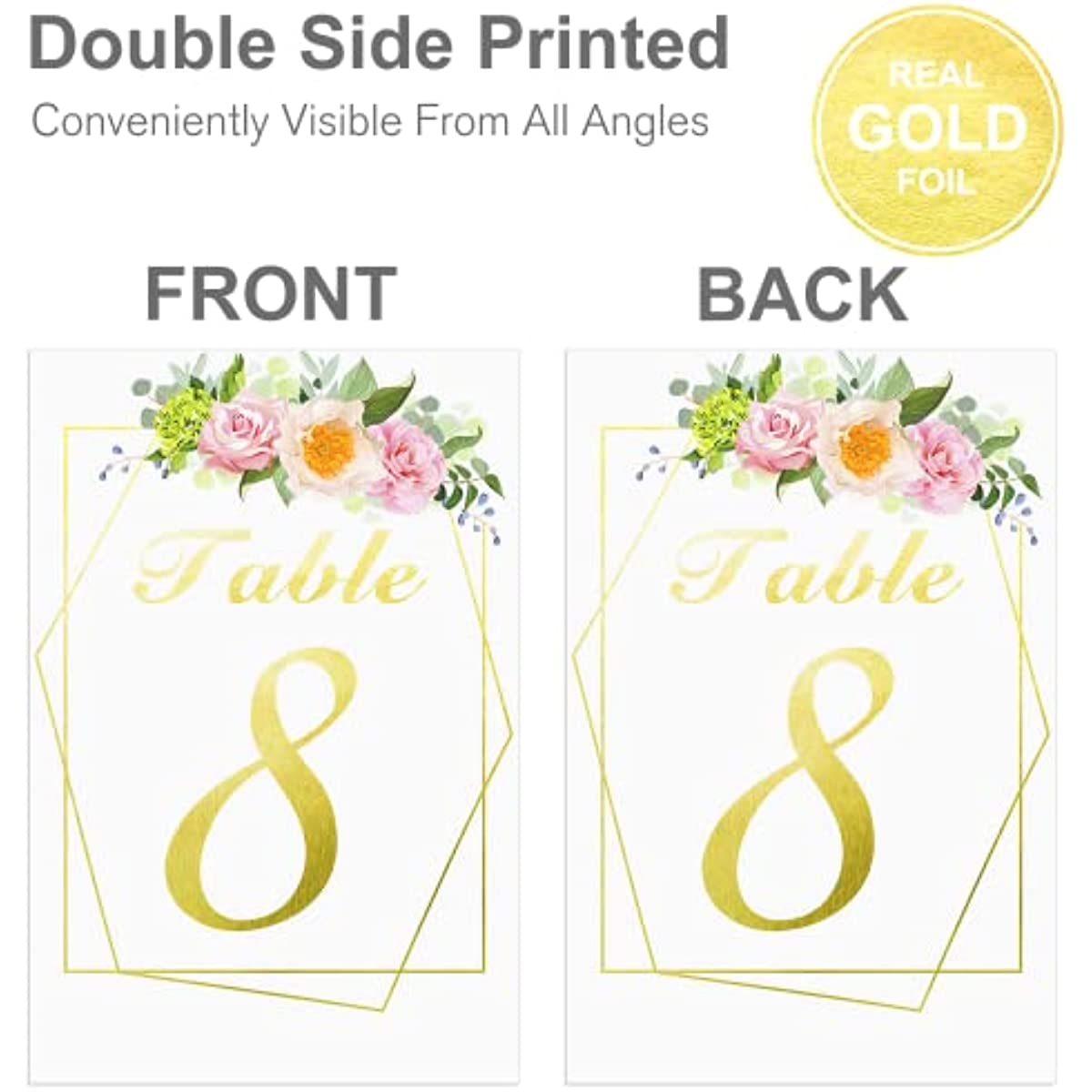 Wedding Table Numbers with Stands, 4x6 inches Double-Sided Gold Floral