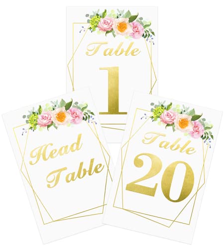 Wedding Table Numbers with Stands, 4x6 inches Double-Sided Gold Floral