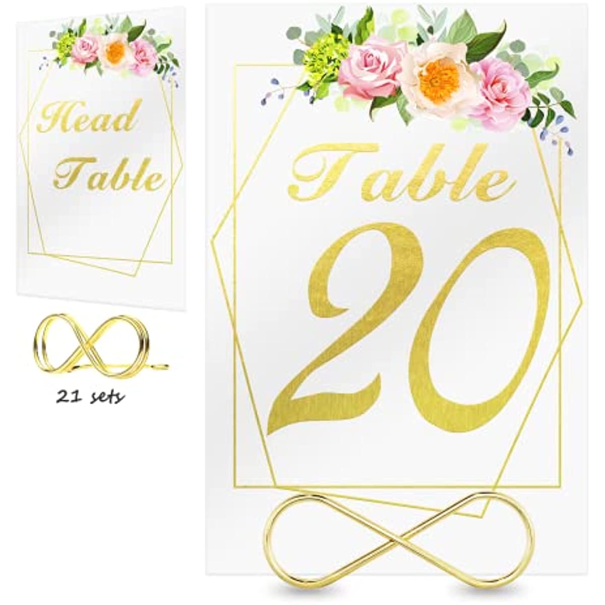 Wedding Table Numbers with Stands, 4x6 inches Double-Sided Gold Floral