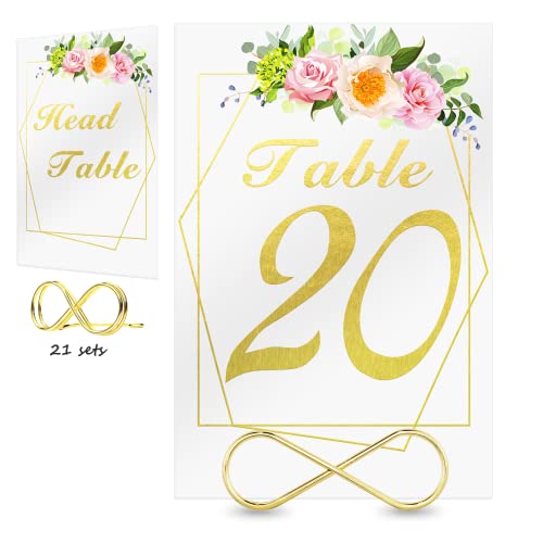 Wedding Table Numbers with Stands, 4x6 inches Double-Sided Gold Floral