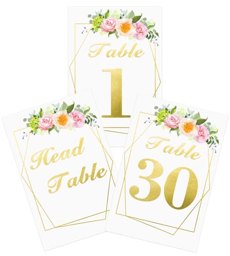 Wedding Table Numbers with Stands, 4x6 inches Double-Sided Gold Floral