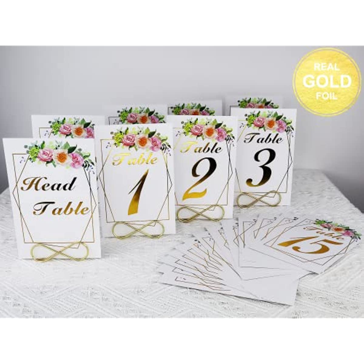 Wedding Table Numbers with Stands, 4x6 inches Double-Sided Gold Floral