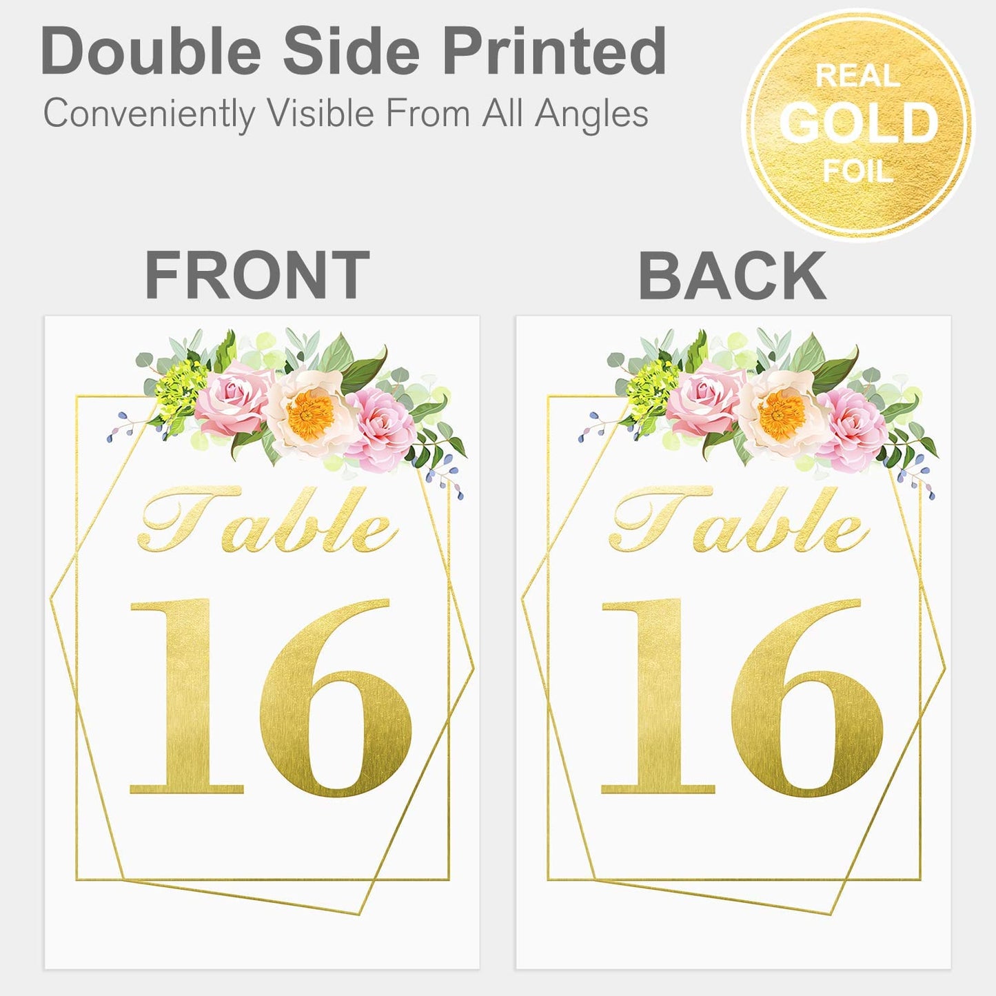 Wedding Table Numbers with Stands, 4x6 inches Double-Sided Gold Floral