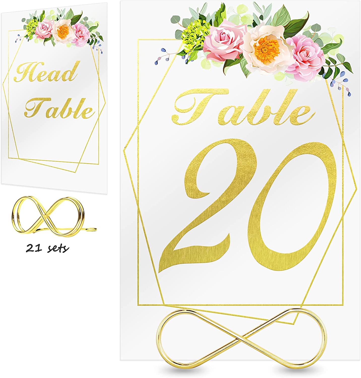 Wedding Table Numbers with Stands, 4x6 inches Double-Sided Gold Floral