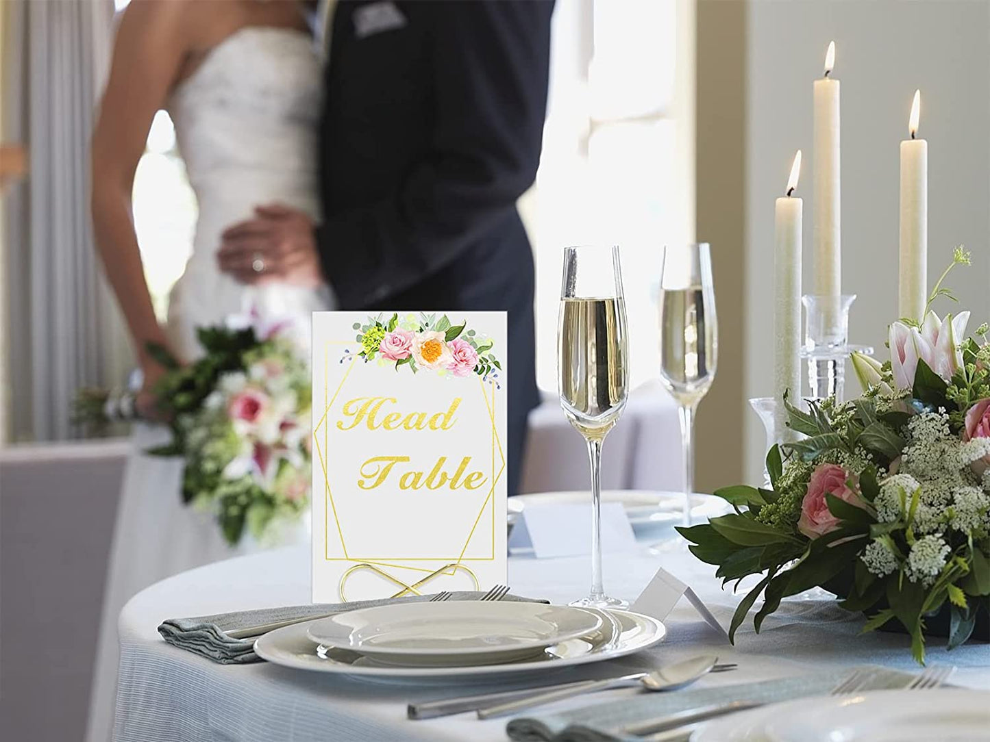 Wedding Table Numbers with Stands, 4x6 inches Double-Sided Gold Floral