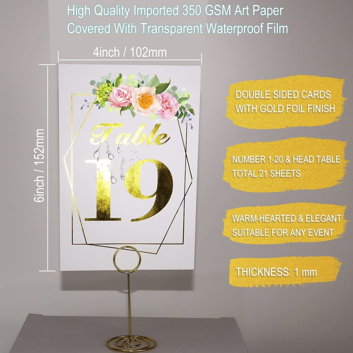 Wedding Table Numbers with Stands, 4x6 inches Double-Sided Gold Floral