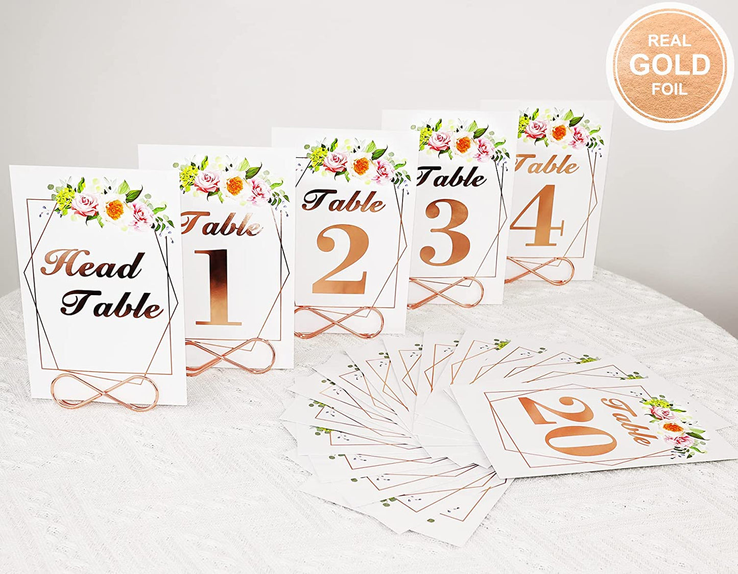 Wedding Table Numbers with Stands, 4x6 inches Double-Sided Gold Floral