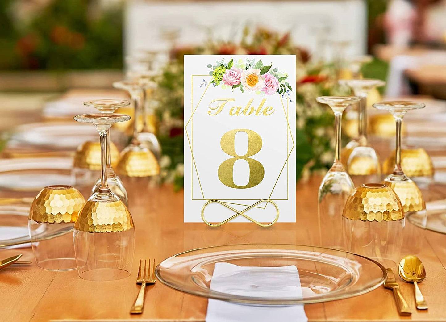 Wedding Table Numbers with Stands, 4x6 inches Double-Sided Gold Floral