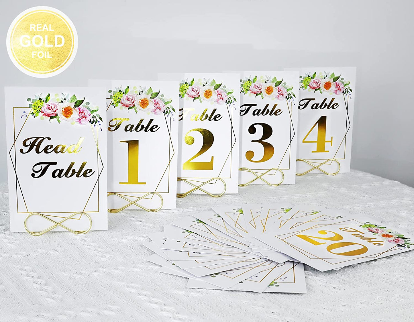 Wedding Table Numbers with Stands, 4x6 inches Double-Sided Gold Floral