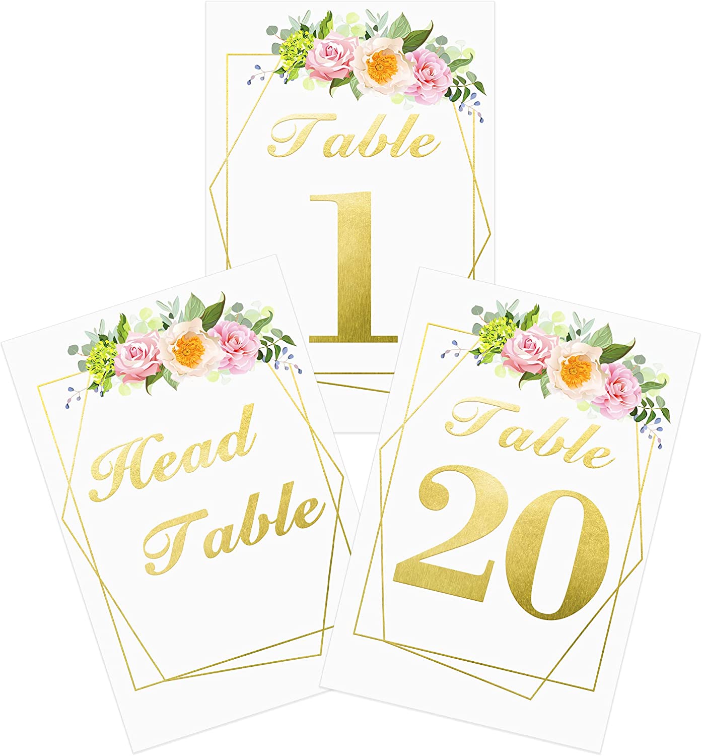 Wedding Table Numbers with Stands, 4x6 inches Double-Sided Gold Floral