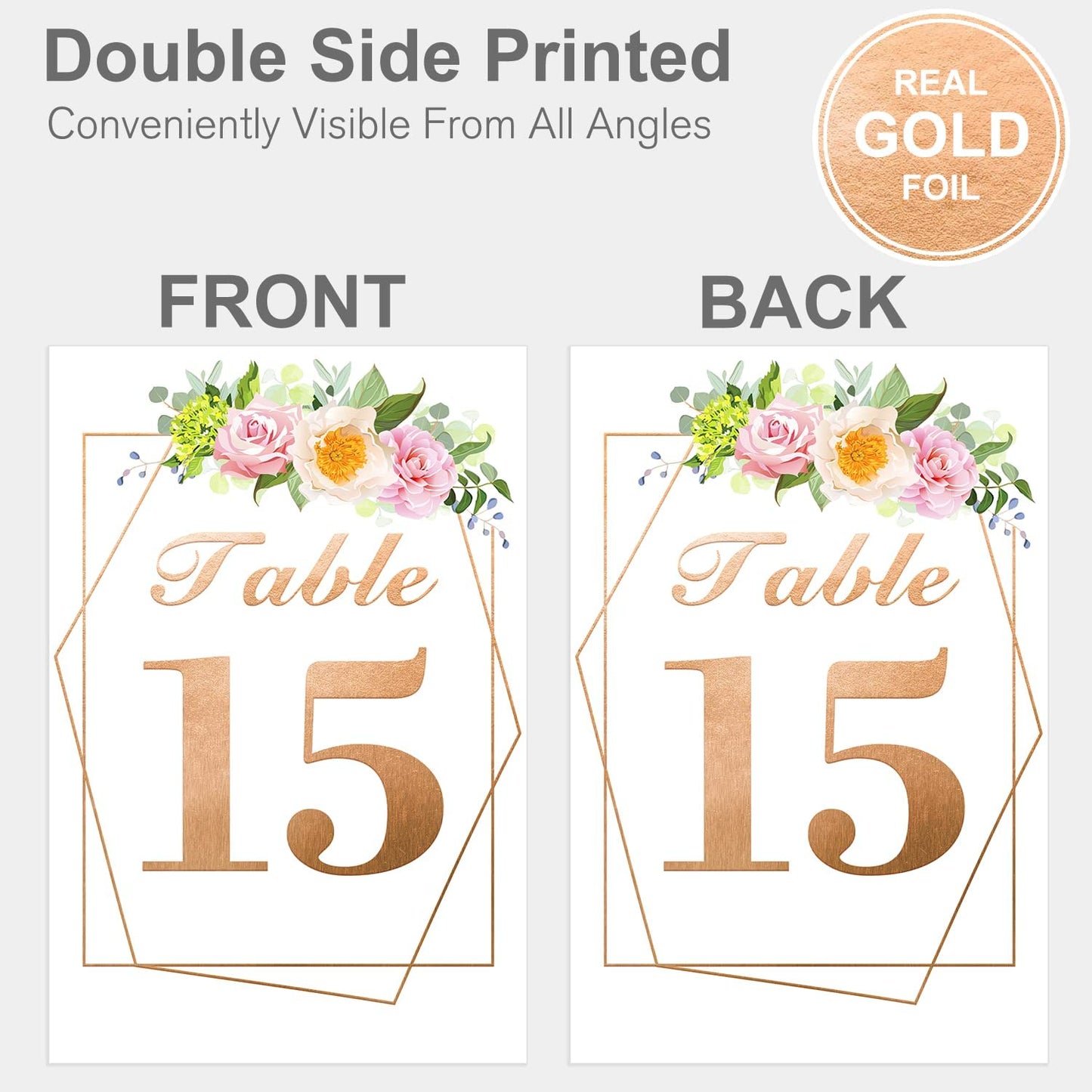 Wedding Table Numbers with Stands, 4x6 inches Double-Sided Gold Floral