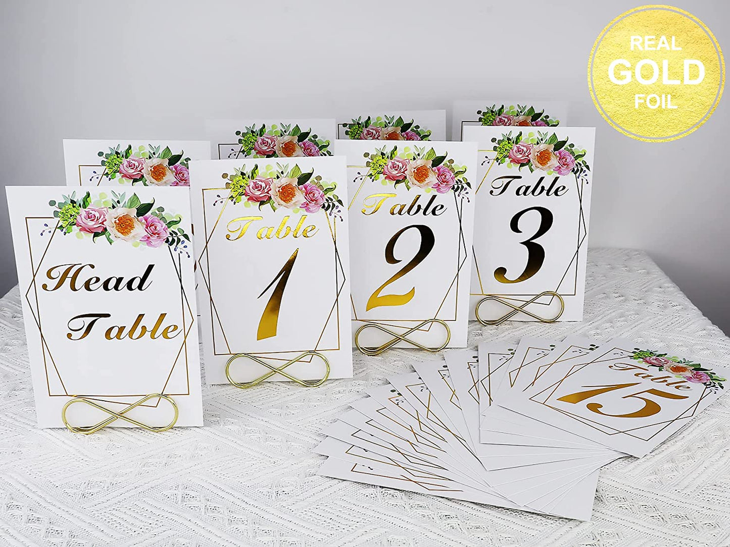 Wedding Table Numbers with Stands, 4x6 inches Double-Sided Gold Floral