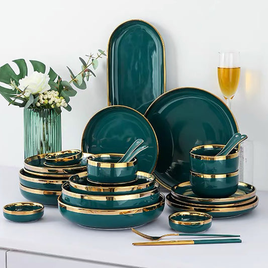 Luxury Green Ceramic Dinner Plates Dishes  Bowl Set