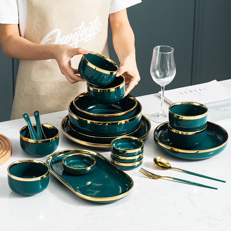 Luxury Green Ceramic Dinner Plates Dishes  Bowl Set