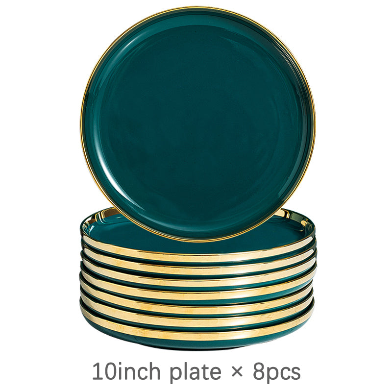 Luxury Green Ceramic Dinner Plates Dishes  Bowl Set