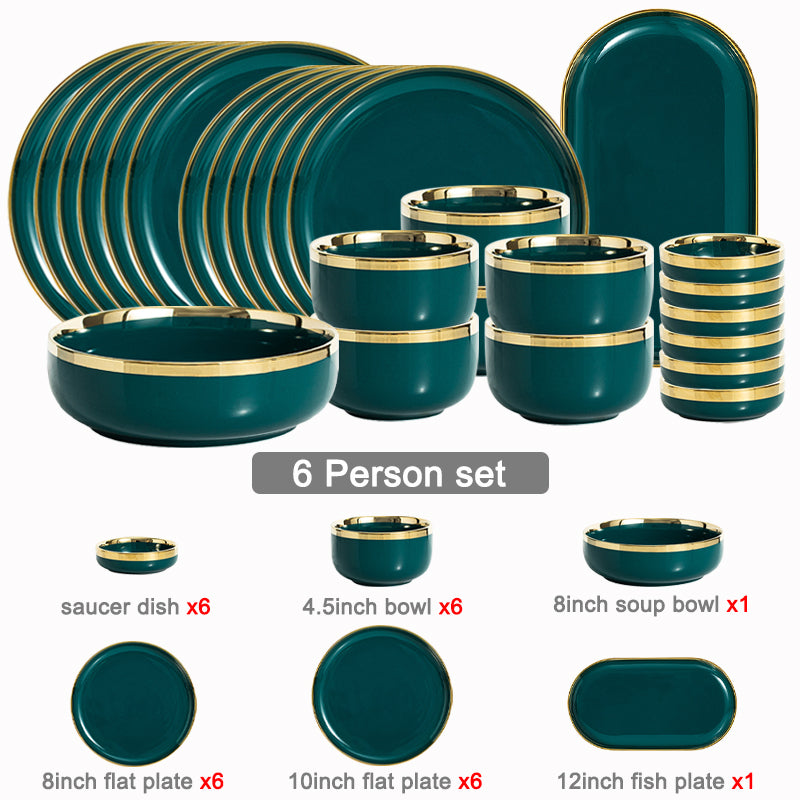 Luxury Green Ceramic Dinner Plates Dishes  Bowl Set