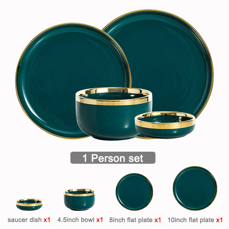 Luxury Green Ceramic Dinner Plates Dishes  Bowl Set