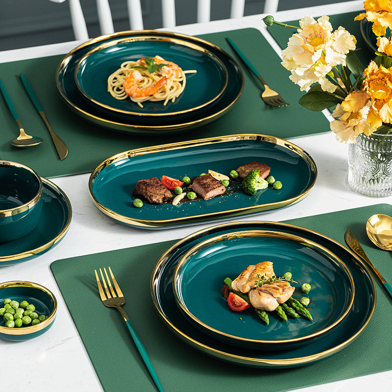 Luxury Green Ceramic Dinner Plates Dishes  Bowl Set