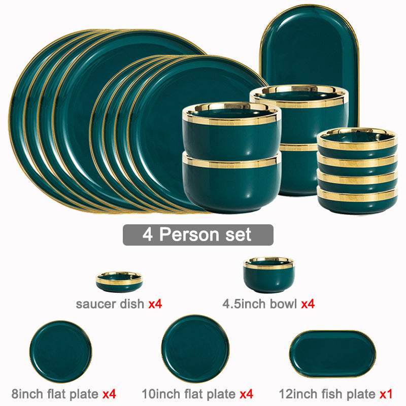 Luxury Green Ceramic Dinner Plates Dishes  Bowl Set