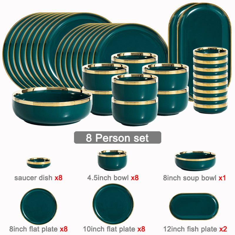 Luxury Green Ceramic Dinner Plates Dishes  Bowl Set