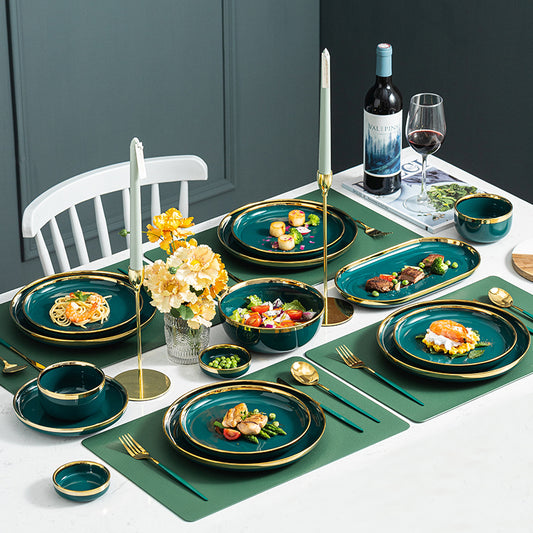 Luxury Green Ceramic Dinner Plates Dishes  Bowl Set