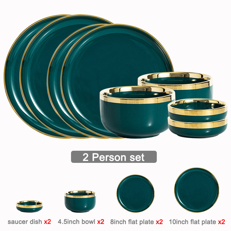 Luxury Green Ceramic Dinner Plates Dishes  Bowl Set