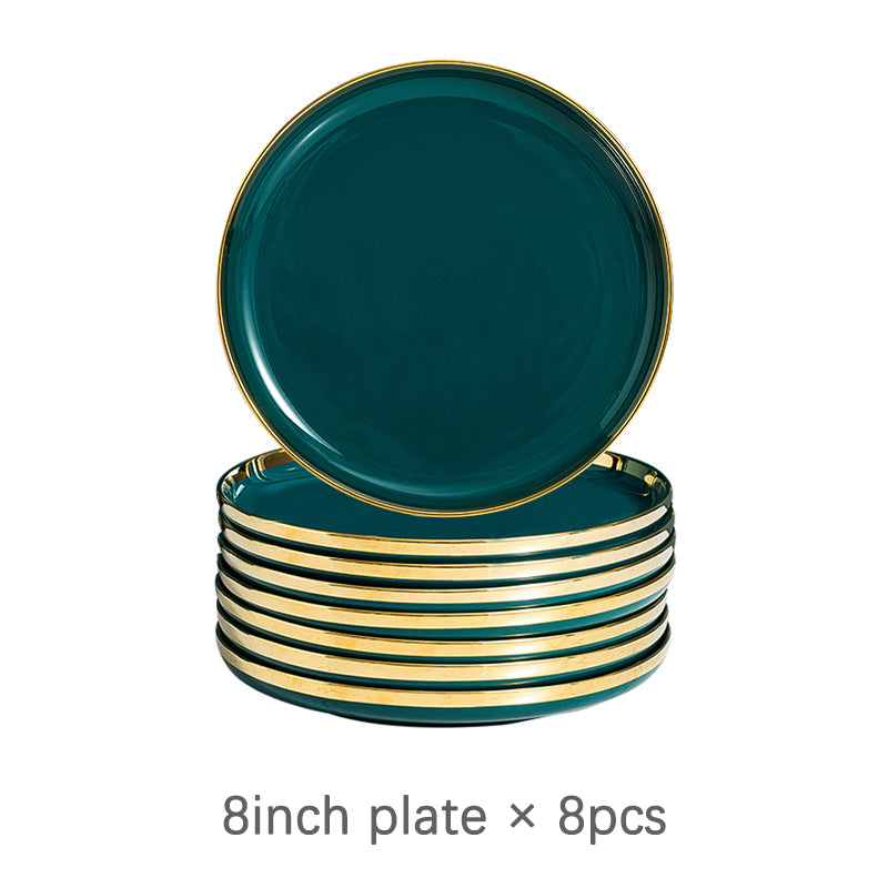 Luxury Green Ceramic Dinner Plates Dishes  Bowl Set