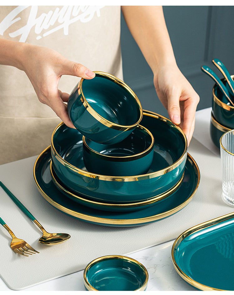 Luxury Green Ceramic Dinner Plates Dishes  Bowl Set