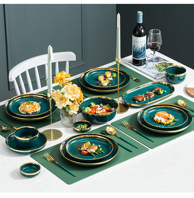 Luxury Green Ceramic Dinner Plates Dishes  Bowl Set