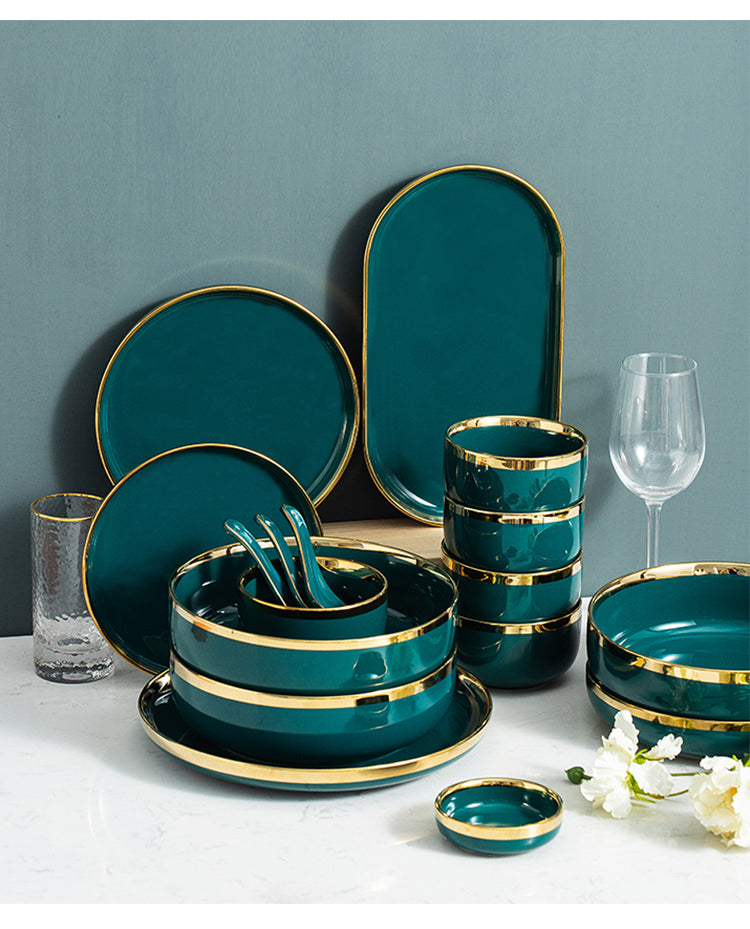 Luxury Green Ceramic Dinner Plates Dishes  Bowl Set