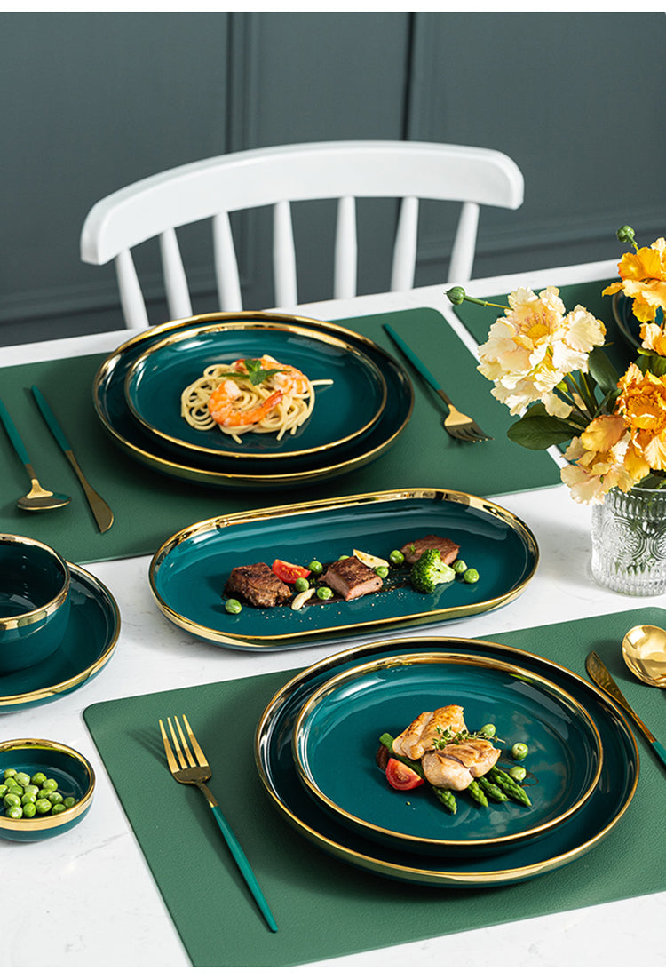 Luxury Green Ceramic Dinner Plates Dishes  Bowl Set