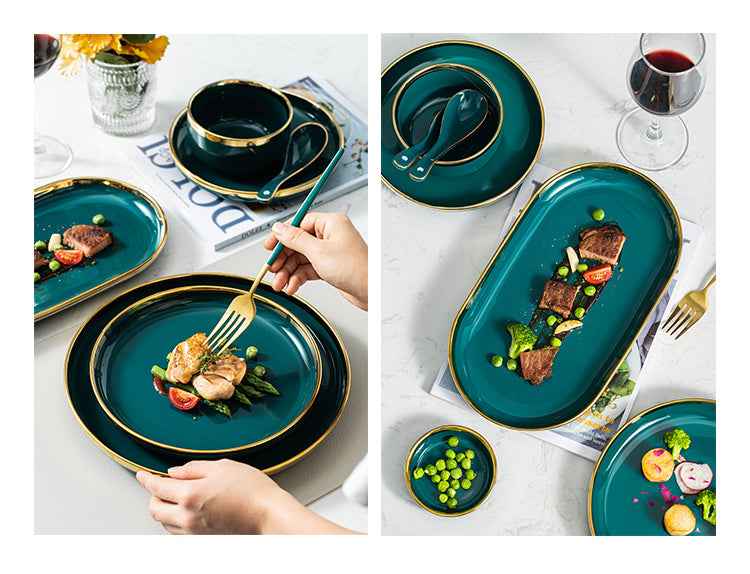 Luxury Green Ceramic Dinner Plates Dishes  Bowl Set