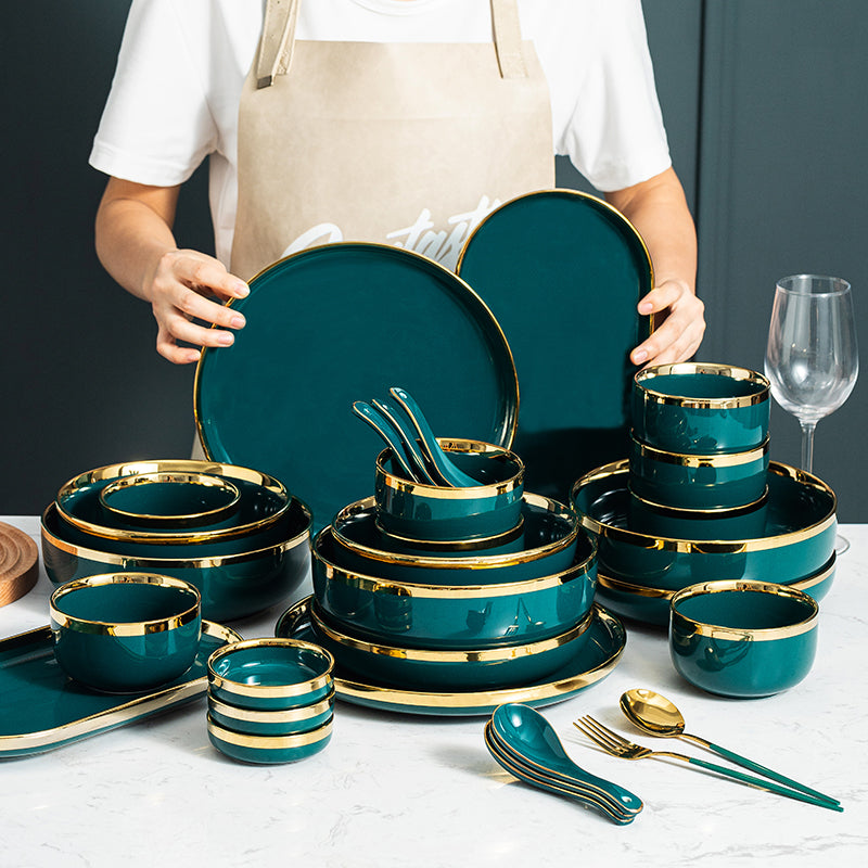 Luxury Green Ceramic Dinner Plates Dishes  Bowl Set