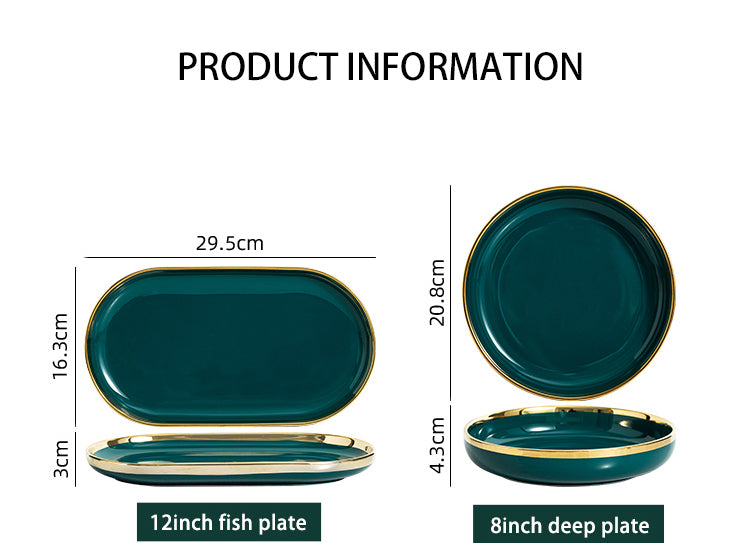 Luxury Green Ceramic Dinner Plates Dishes  Bowl Set