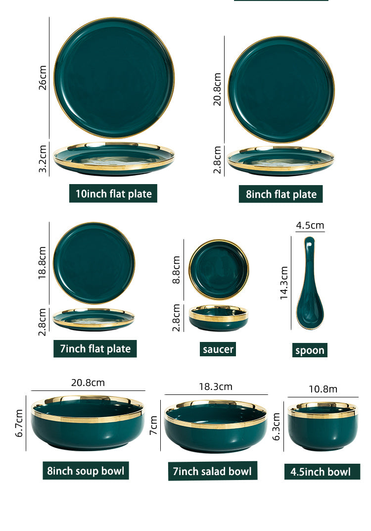 Luxury Green Ceramic Dinner Plates Dishes  Bowl Set