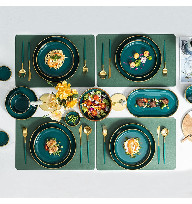 Luxury Green Ceramic Dinner Plates Dishes  Bowl Set